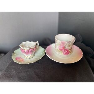 Antique RS Prussia Demitasse Cup Saucer Set Floral Tea Cup Lot Pink Gold Gilt